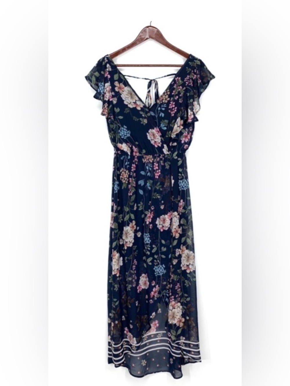 Maurices Navy Floral Tie-Back Maxi Dress XS